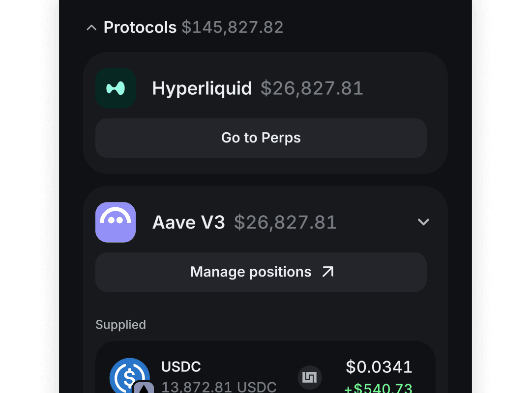 _See your positions in the extension._ Supports Hyperliquid, Aave, and Synthetix currently, with support for many more protocols on the way.