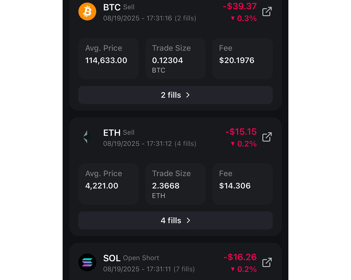 View your trade history with _rolled up fills_