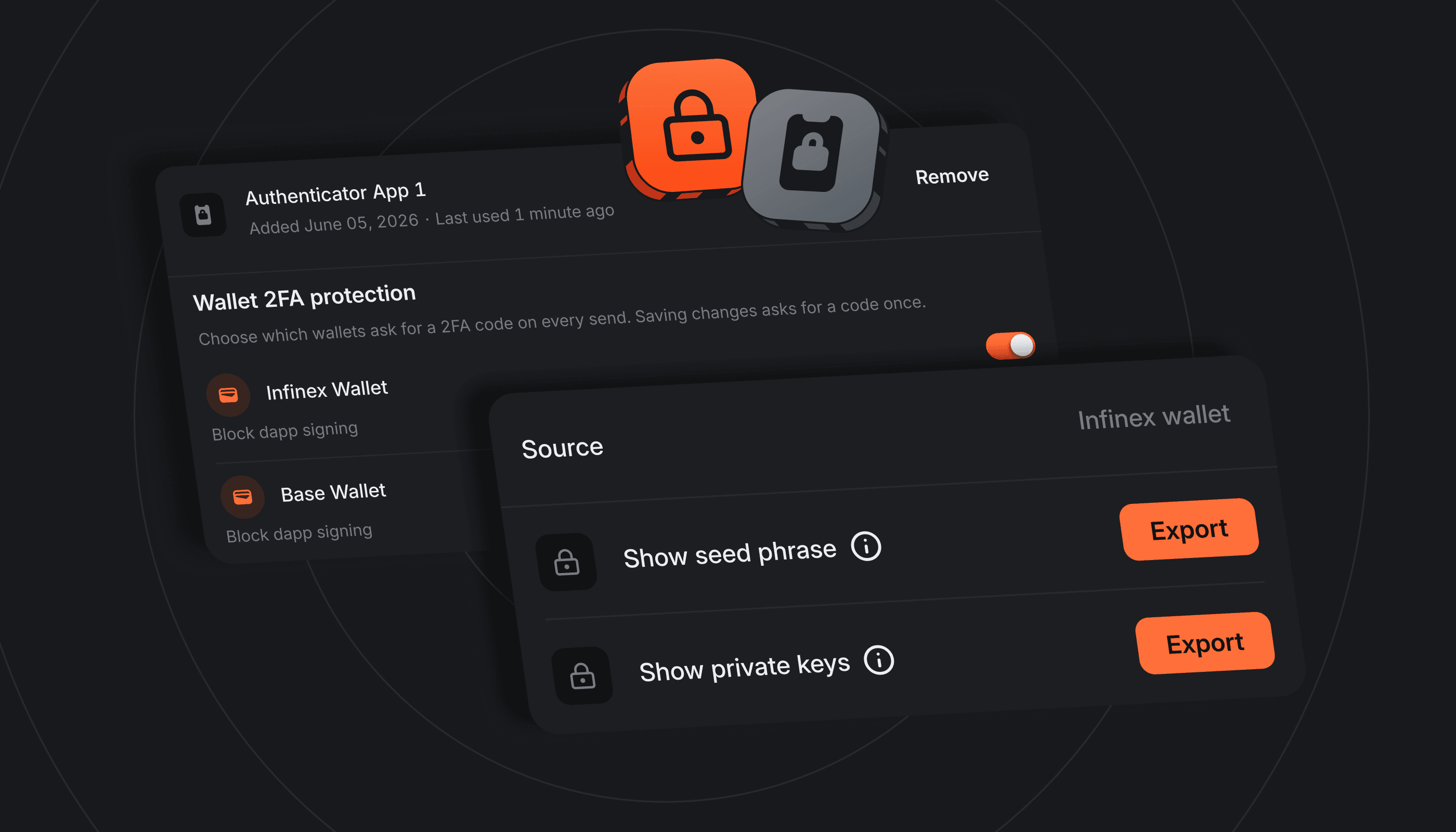 Per-wallet 2FA control and wallet secret export